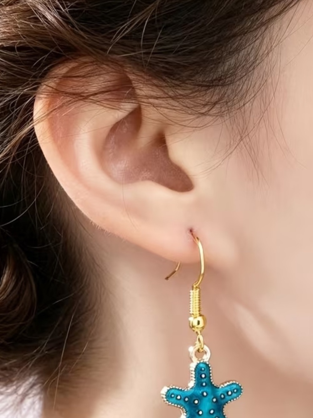 Blue Starfish Drop Earrings - Gold Hook